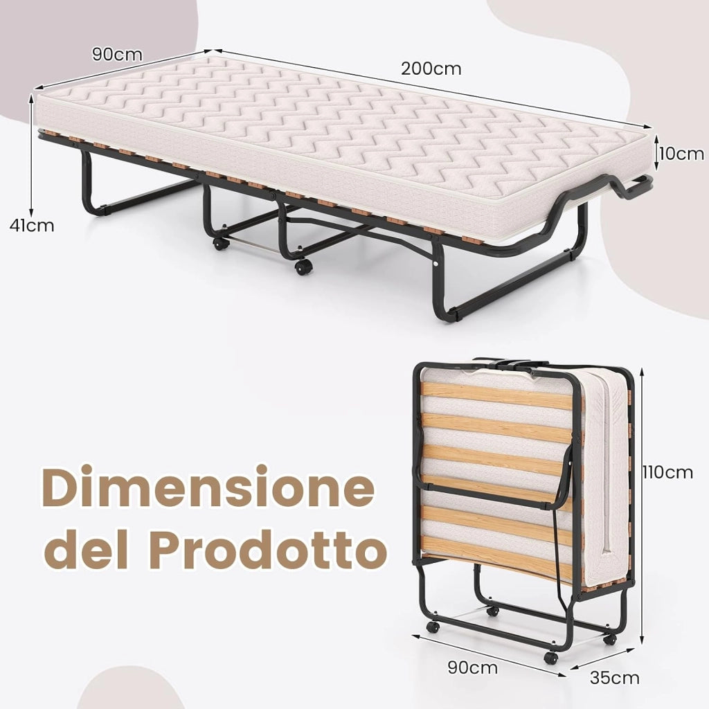 Brandina Pieghevole con Materasso, Struttura Metallica, Materasso in Memory Foam, Trapuntatura a Onda con Imbottitura a Doppia Fibra, 200x90x41 cm, Made in Italy (Stile 2 Beige)