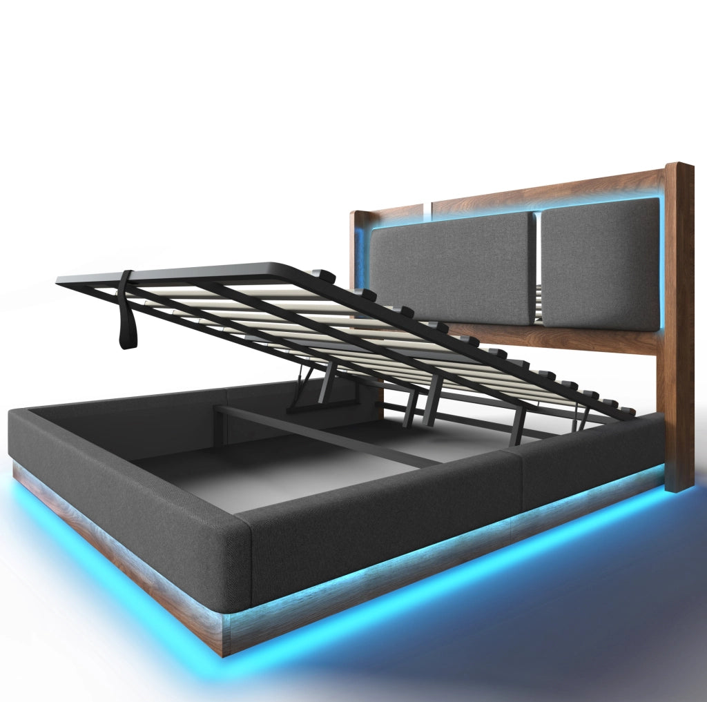 Letto 180x200 cm con contenitore idraulico e LED, in lino, legno e metallo grigio e noce