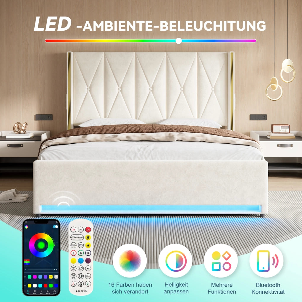 Letto matrimoniale 180x200 in velluto con LED, USB e vano contenitore
