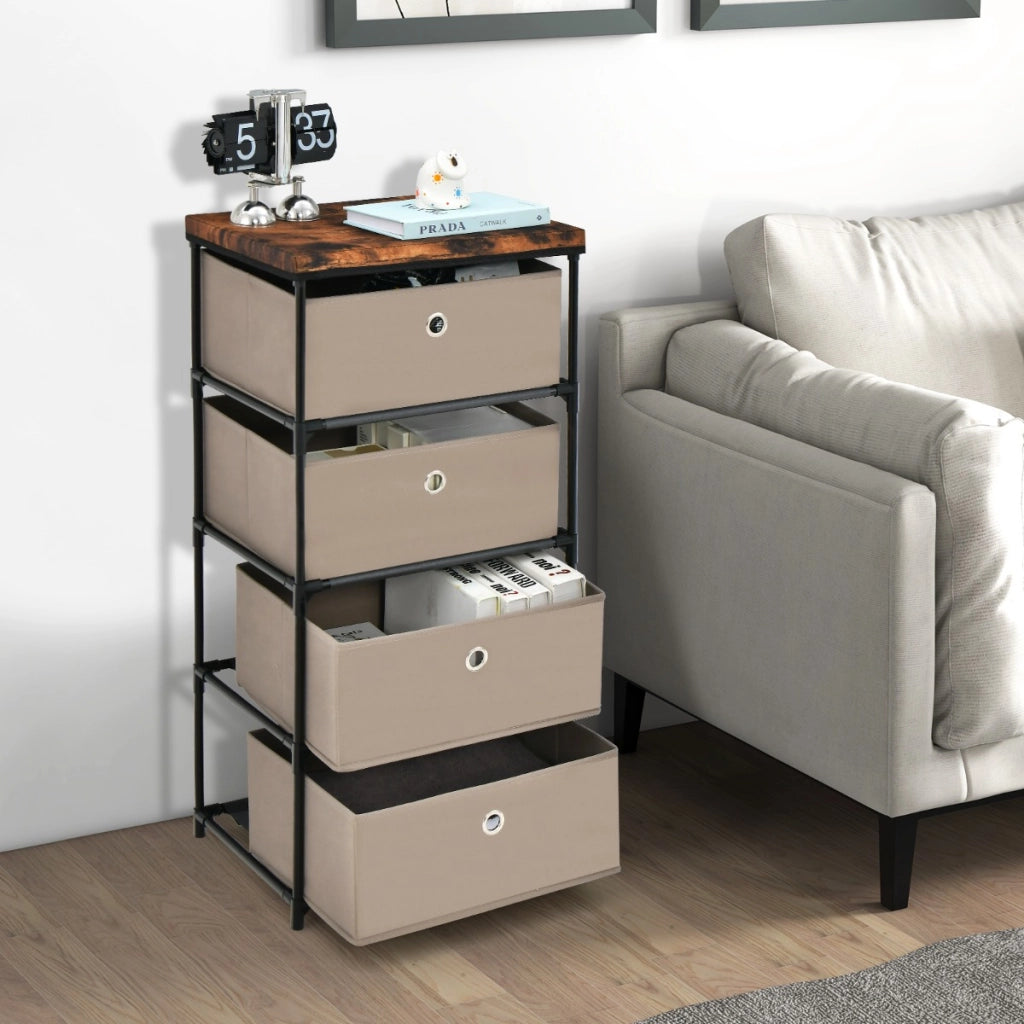 Cassettiera in tessuto con 4 cassetti e struttura robusta in metallo, Mobile a 4 livelli salvaspazio Marrone-Cassettiere