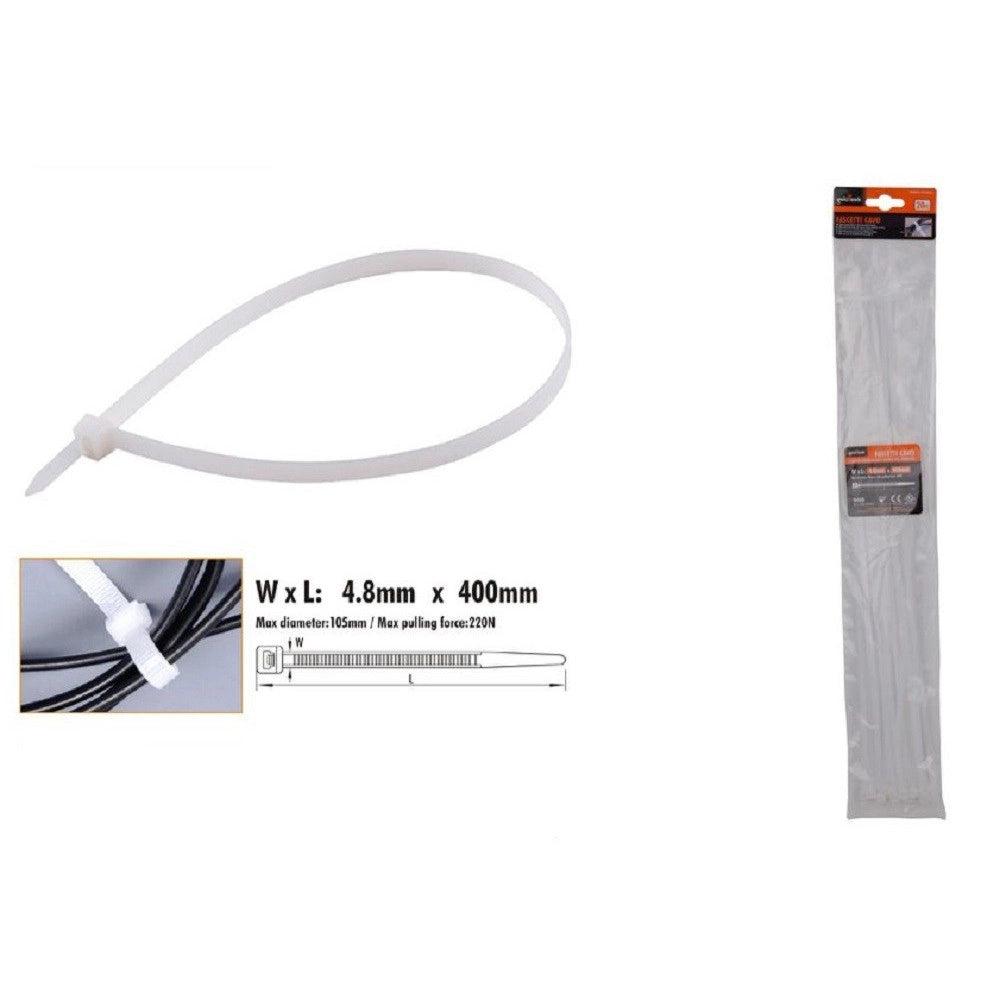 Trade Shop - Set 20pz Fascette Cavi Cavo Bianco Stringenti In Plastica Nylon 4.8x400 Mm 92370 -
