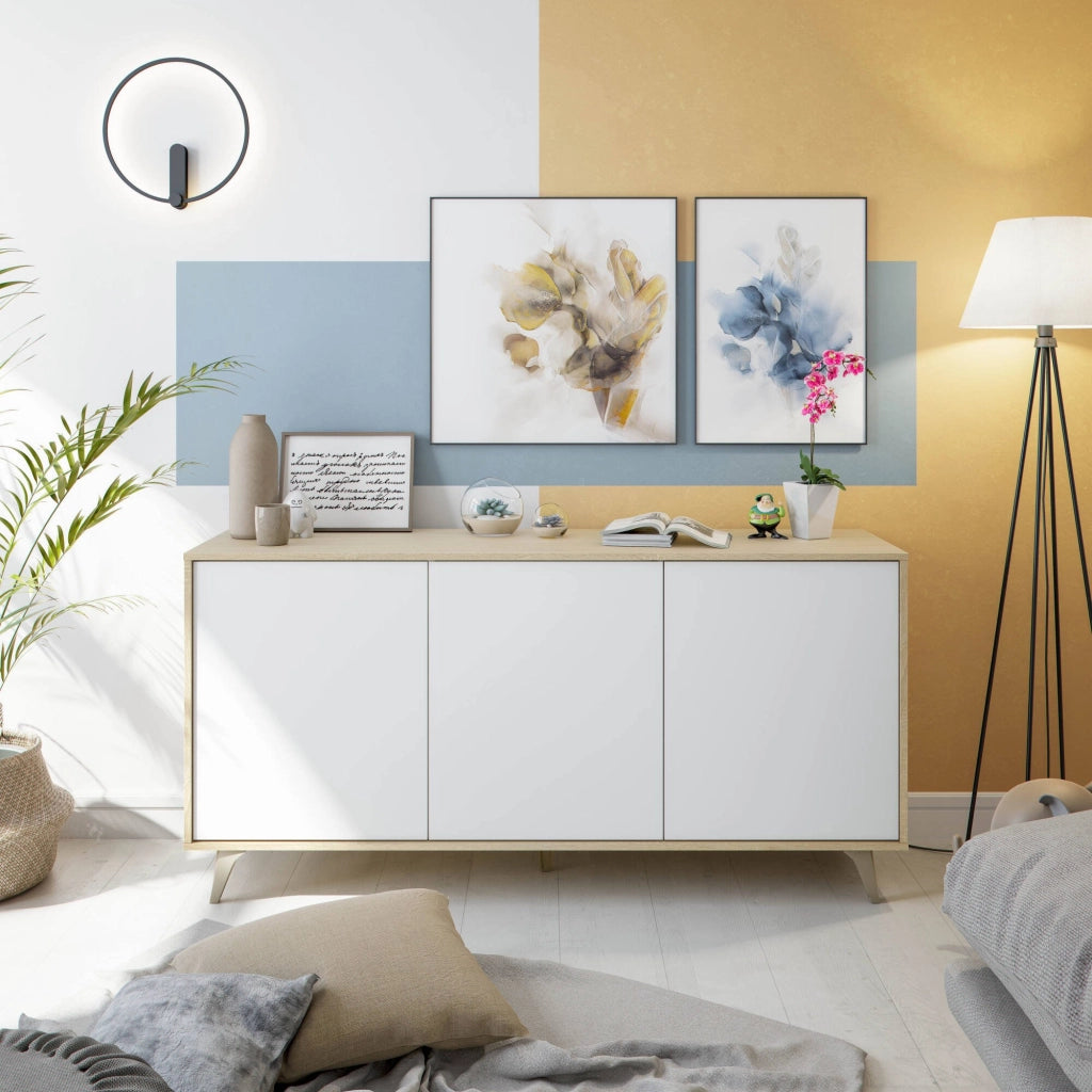 Credenza Acrolorum, Madia moderna a 3 ante e ripiani, Buffet da cucina, Buffet di design da soggiorno, cm 154x40h75, Rovere e Bianco