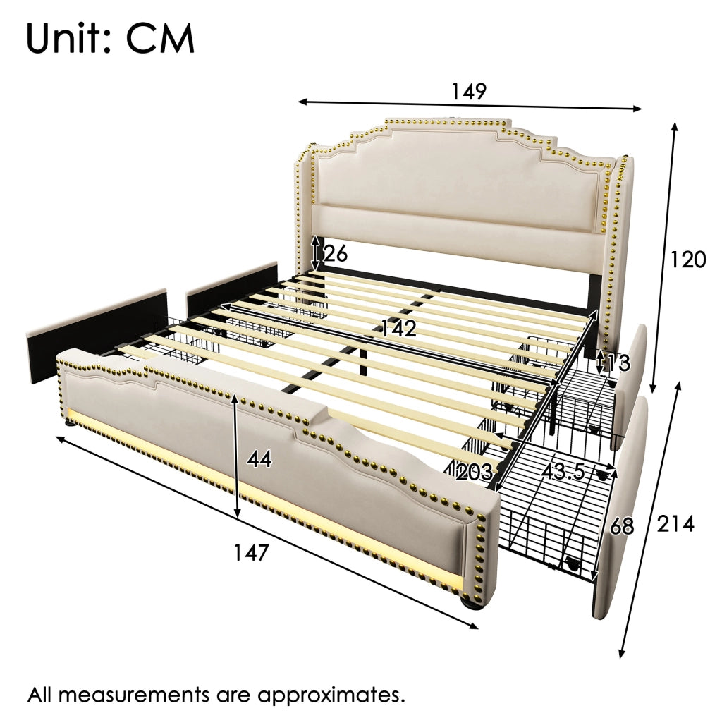 Letto 140x200 cm con 4 cassetti, LED, USB e USB-C in velluto beige