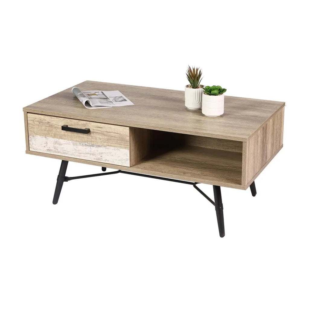 Tavolino basso UMÉA colore rovere chiaro e bianco - Design industriale - Contenitore pratico