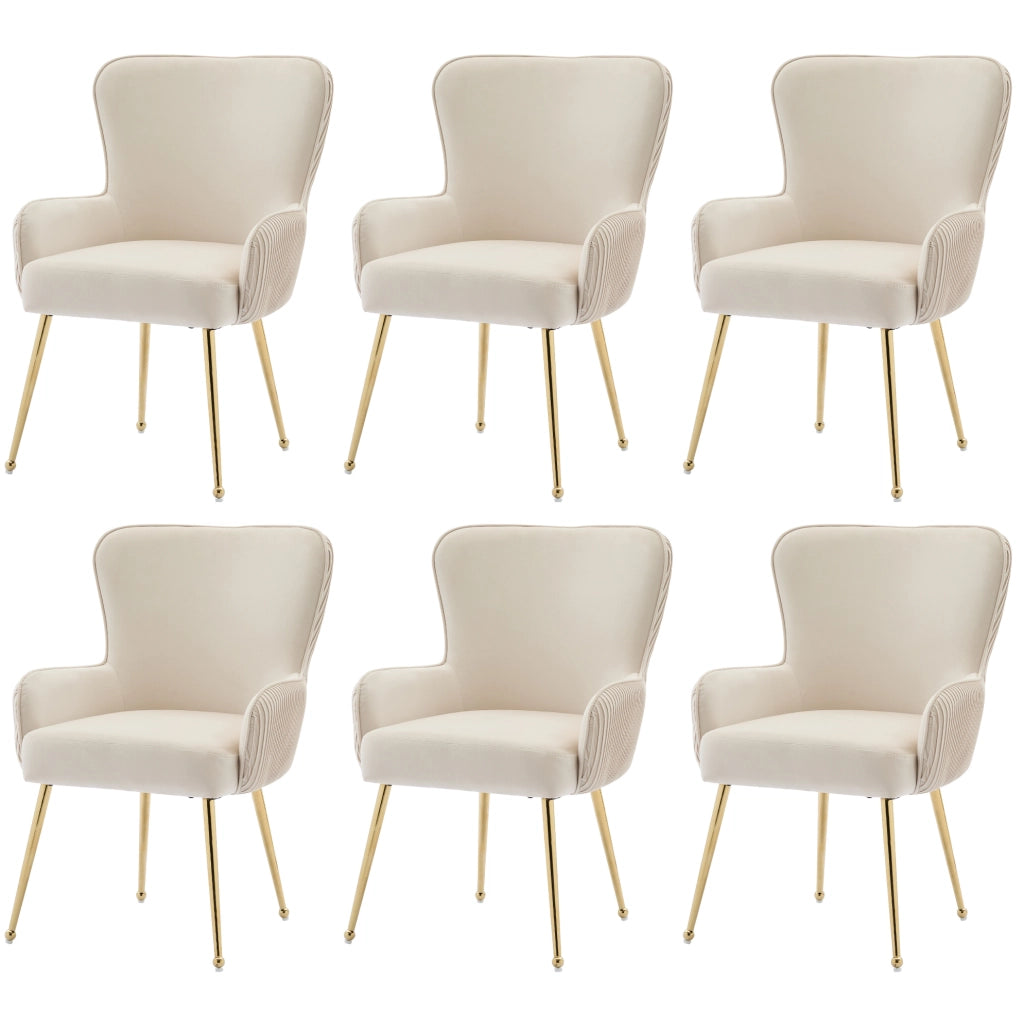 Set di 6 sedie con braccioli in velluto beige e gambe dorate