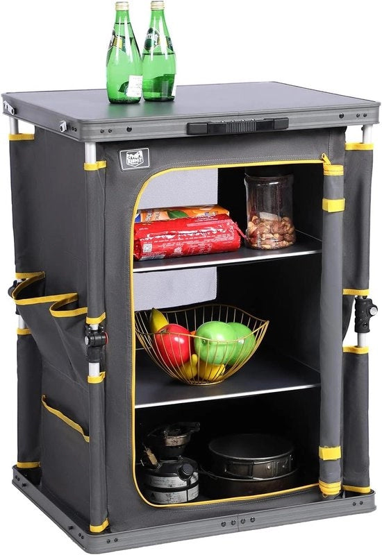 Cassa da cucina pieghevole compatta con contenitori di stoccaggio per campeggio e giardino con tasche laterali