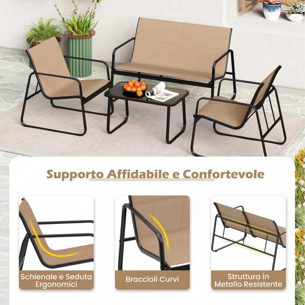 Set Tavolo e Sedie da Giardino 4 Pezzi, Tavolino in Vetro Portato 50 kg, Sedie Portata 150 kg, Panca Portata 300 kg, Set Bistro in Tessuto Textilene, per Cortile Terrazza Piscina (Marrone)