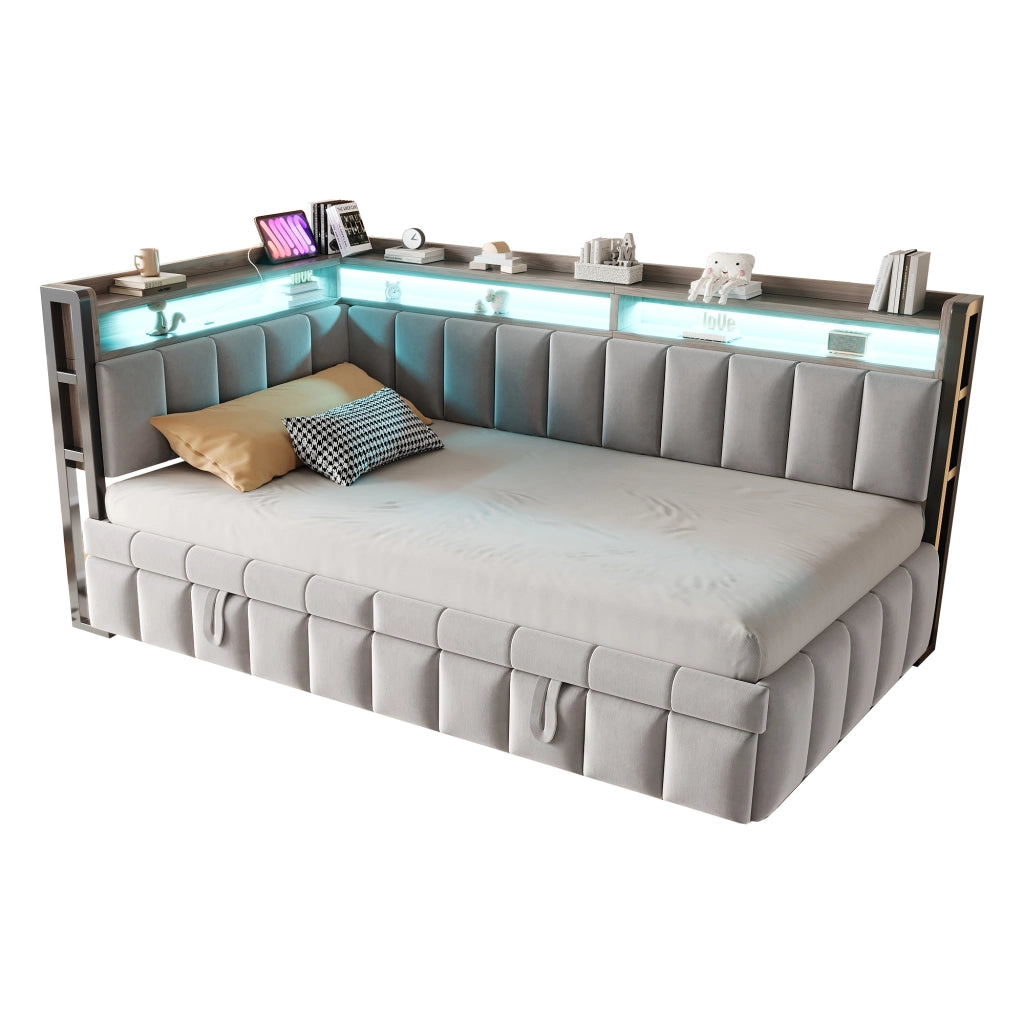 Letto Estraibile 90x200 cm; 1 Posto - LED; USB; Type-C; Mensole - Grigio