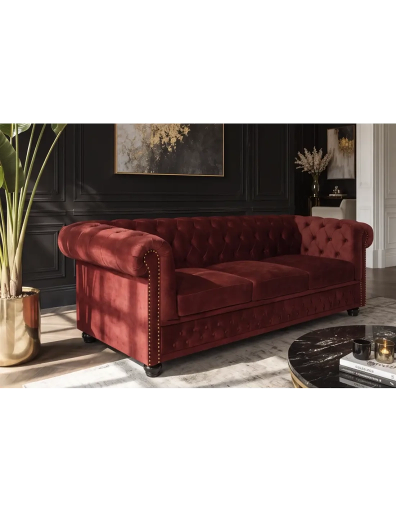 Divano Chesterfield EDGAR diritto 3 posti in velluto capitonnato - Rosso rubino - 205 x 72 x 85 cm