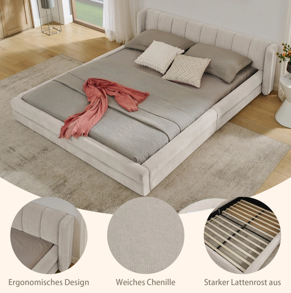 Letto matrimoniale imbottito 160x200 cm in ciniglia beige con testiera