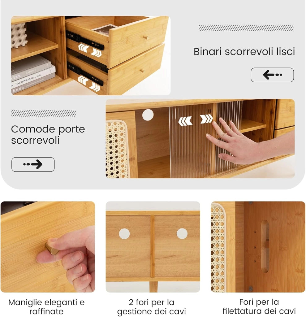 Mobile TV Fino a 65 Pollici, Mobiletto da Salotto in Bambù, Vetro e Rattan PE con 2 Cassetti, Ripiano Regolabile e Porte Scorrevoli, per Soggiorno, Camera da Letto, 140 x 31 x 45,5 cm