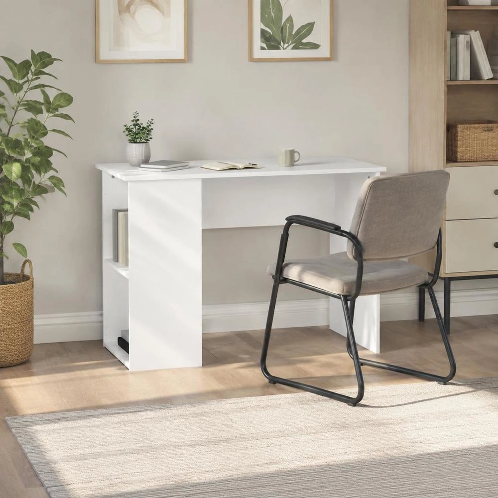 Modern White Computer Desk With Double Storage Shelves, Engineered Wood Writing Table For Home Office Study, 100x55x75 Cm