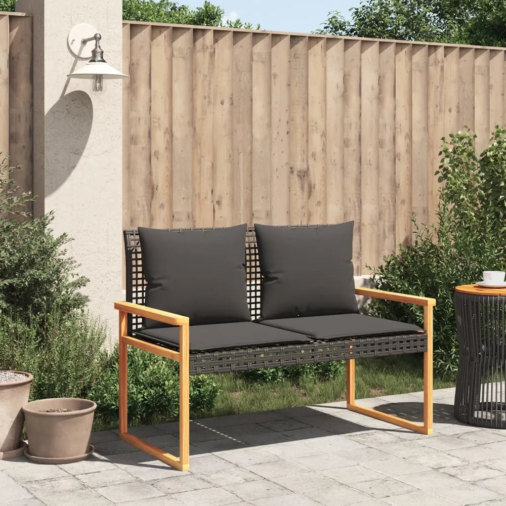 Panca da Giardino con Cuscino Nera in Polyrattan e Legno Acacia 633238