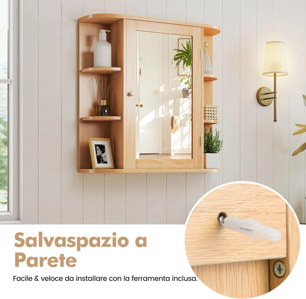 Specchio Bagno Contenitore 66 x 17 x 63 cm, Mobile bagno in Legno Appeso con Mensole Regolabili e Ante, Armadietto Multiuso dei Medicinali per Bagno, Salone e Cucina (Naturale)