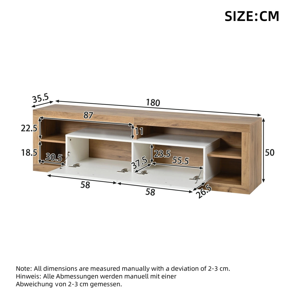 TV-Schrank 180x35,5x50 cm con LED controllati da app, 2 cassetti, 4 vani aperti, portata 30 kg, colore naturale e bianco