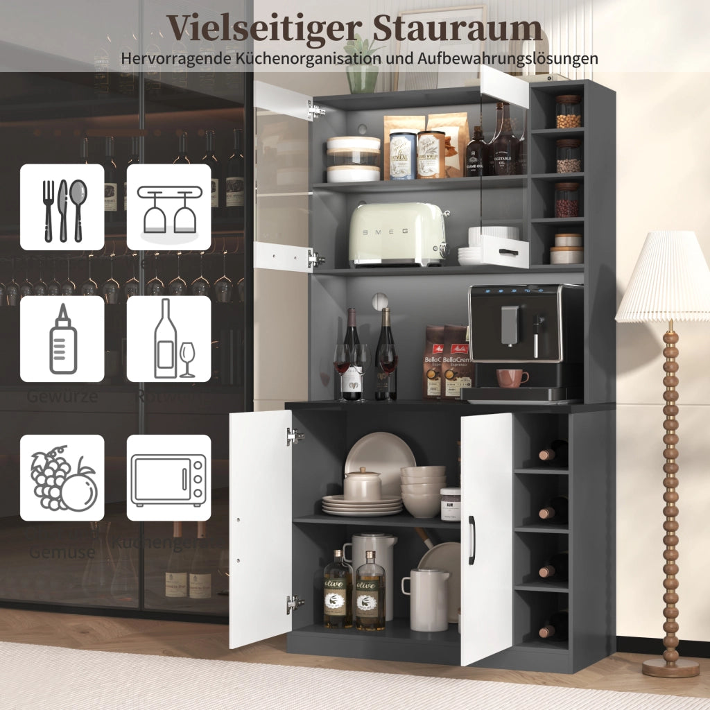 Credenza alta da cucina con 2 ante; 5 vani e ripiani laterali regolabili con LED; in MDF; 100x47x187 cm