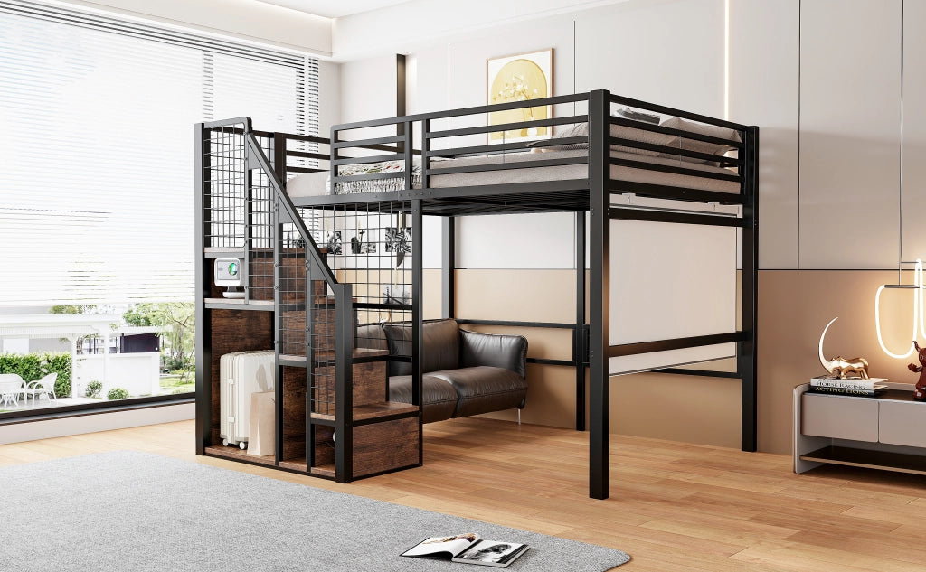 LETTO A MEZZANINO 140x200 cm in metallo nero con scala e spazio inferiore
