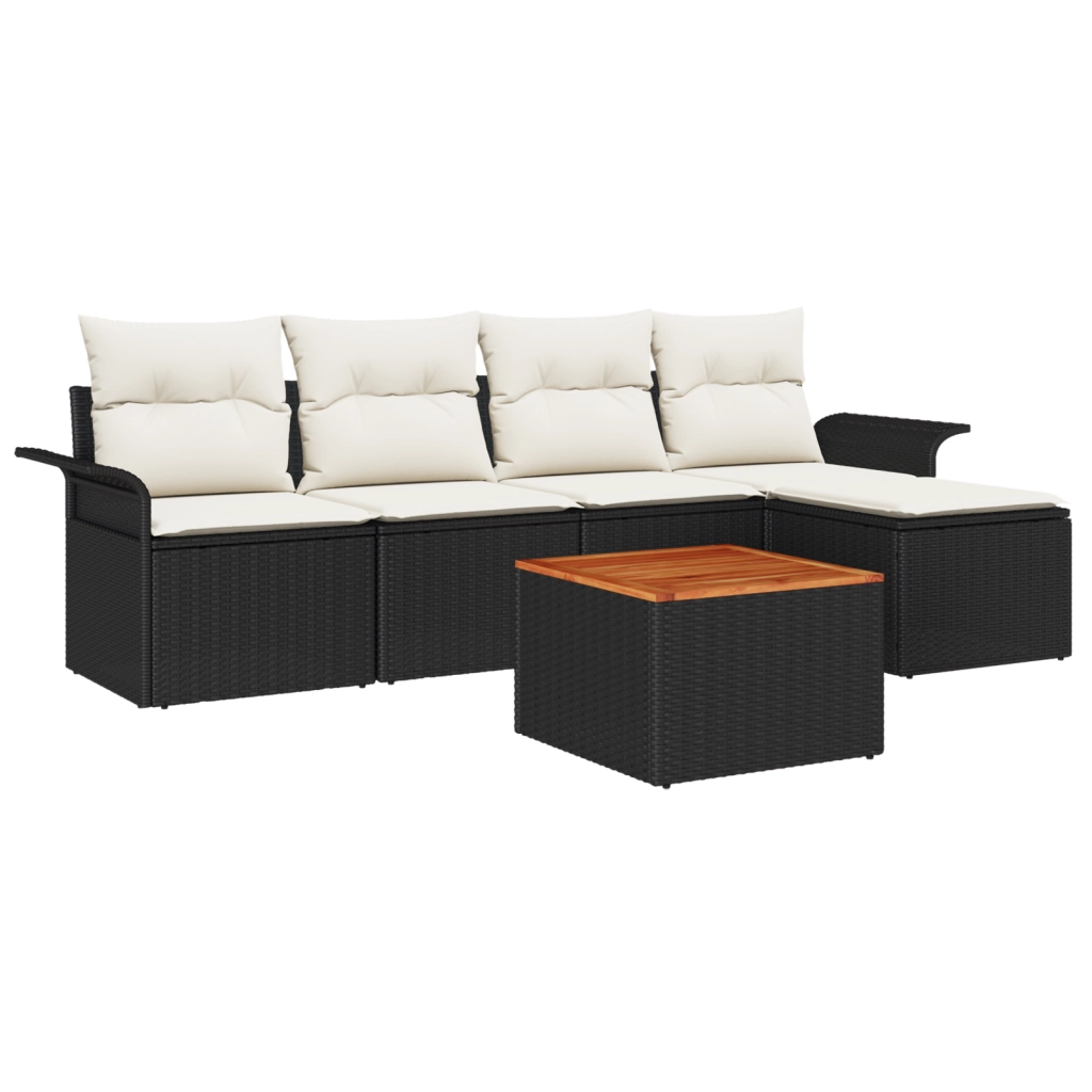 Set divano da giardino 6 pezzi con cuscini in polyrattan nero e acacia