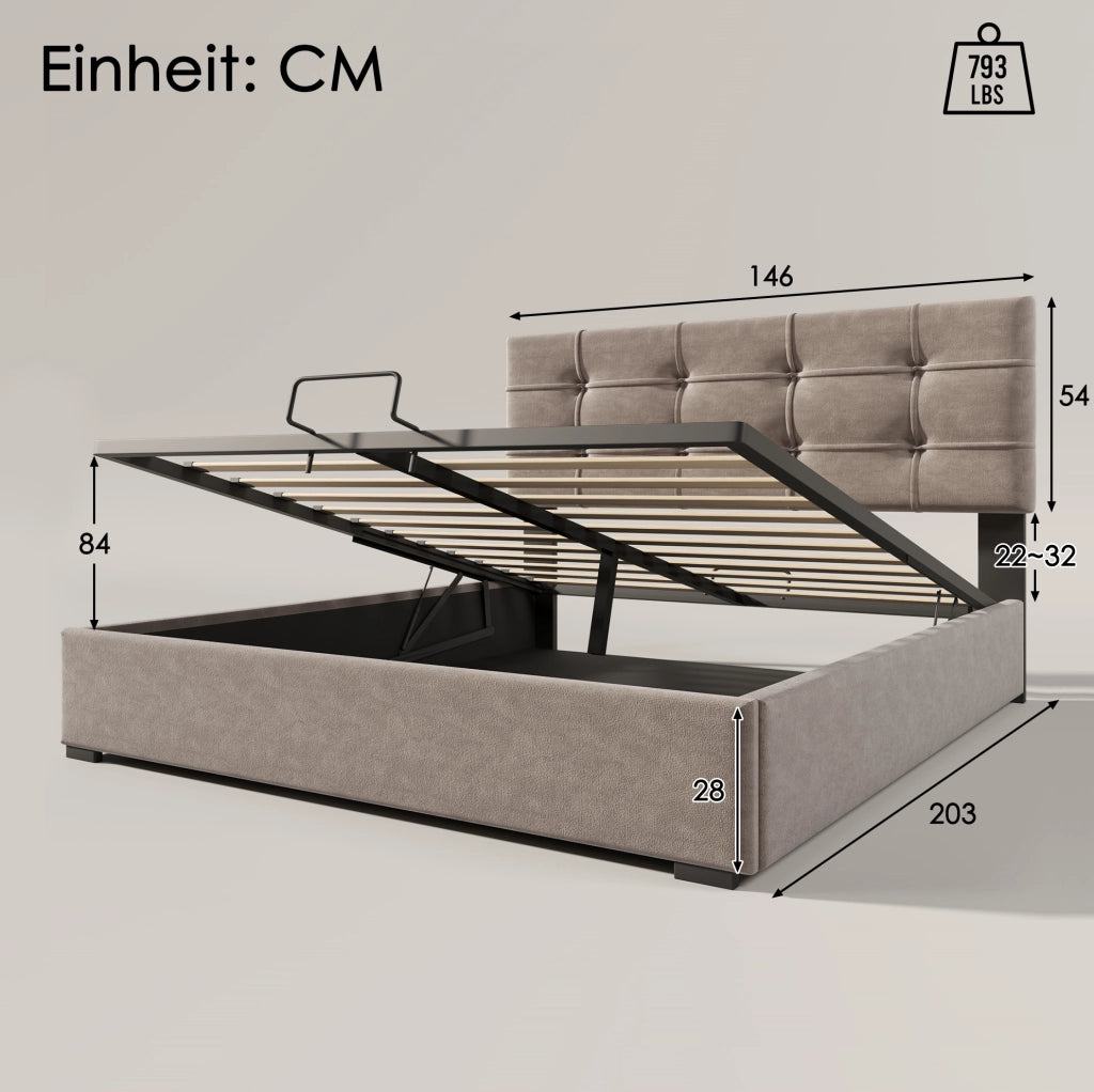 Letto matrimoniale imbottito 140x200 cm in velluto grigio chiaro con contenitore e testiera regolabile