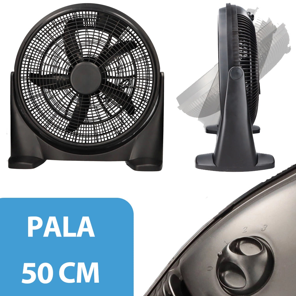 Ventilatore da Pavimento 51 cm Nero Pala 50 cm Base Anti Ribaltamento 3 Velocità