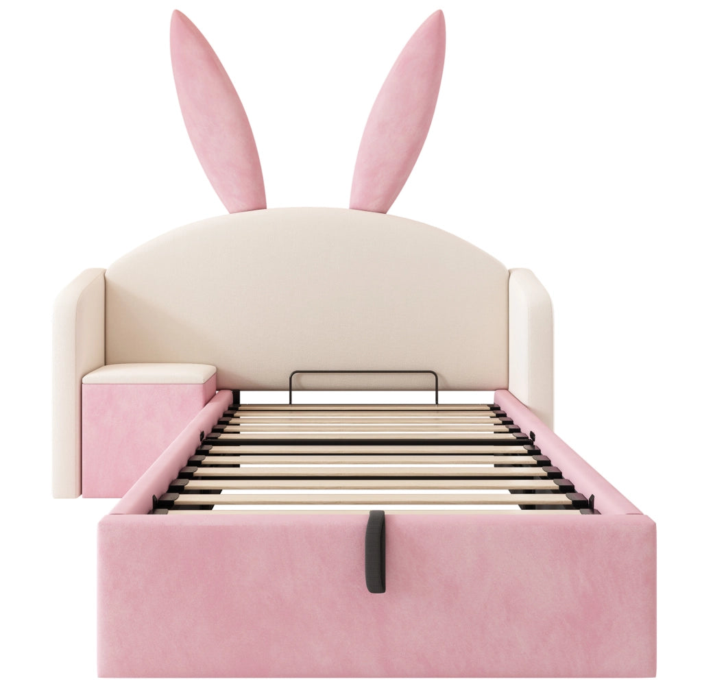 Letto per bambini 90x190 cm in velluto con contenitore e comodino beige e rosa