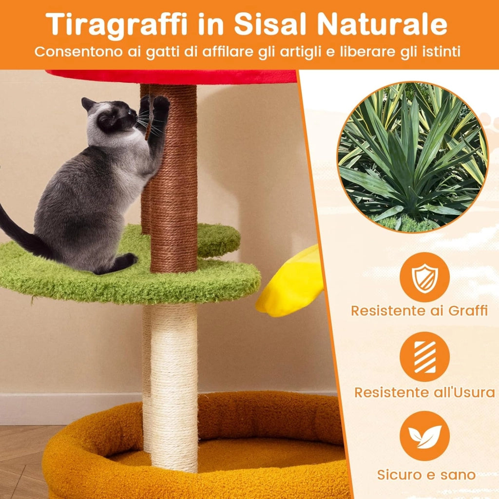 Albero per Gatti 106 cm, Tiragraffi per Gatti a Tema Hamburger con Trespolo Imbottito, Letto Spazioso, Tiragraffi di Sisal e Cuscini Morbidi, Casetta per Gattini, 60 x 60 x 106 cm