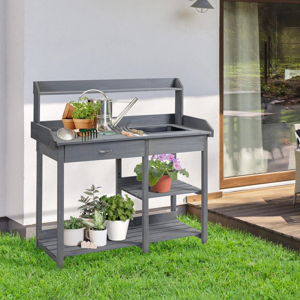 Tavolo da giardinaggio con cassetto, ripiani e lavello ¨C zephmum ¨C legno di abete grigio
