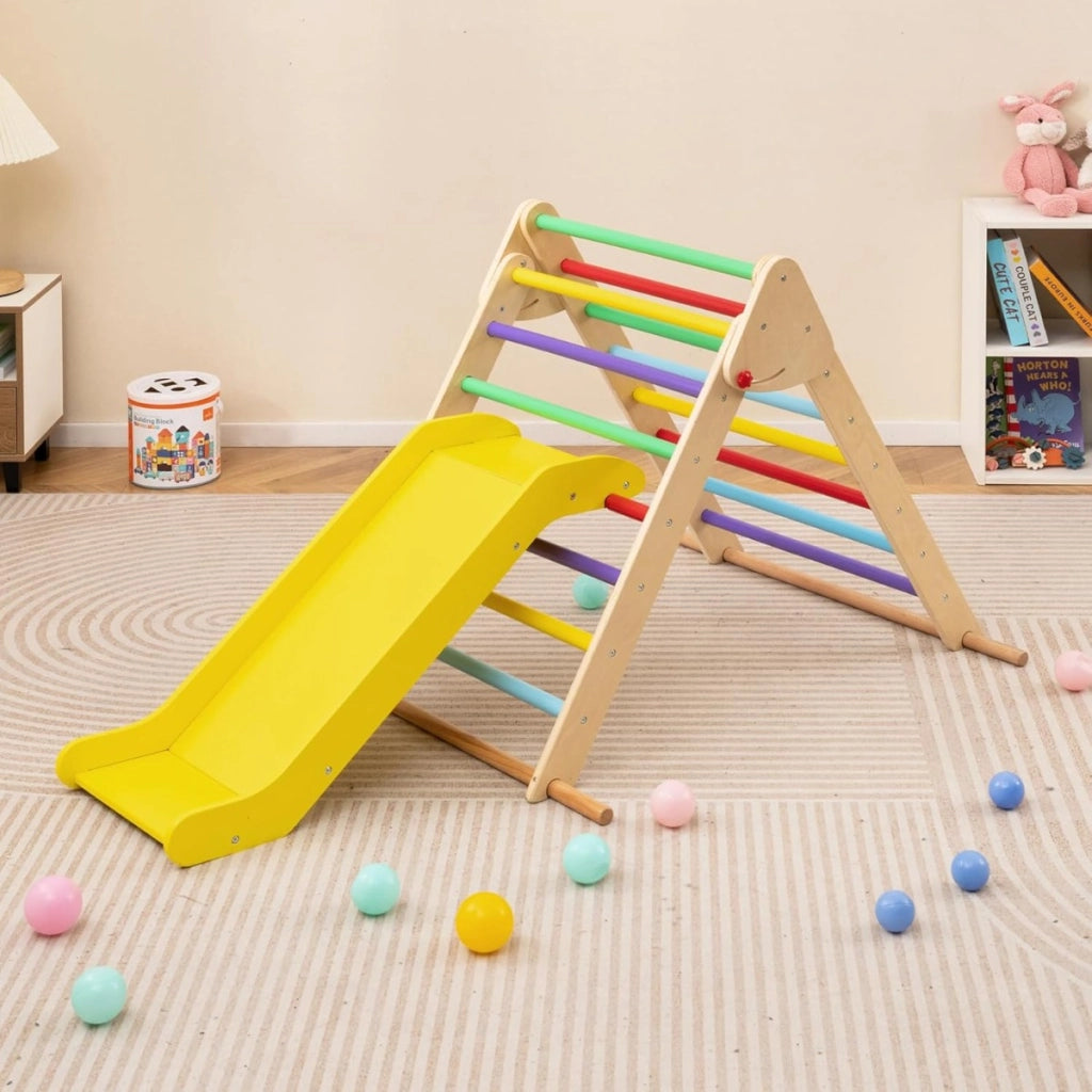Triangolo di arrampicata pieghevole con rampetta scivolosa, Giocattolo montessori in legno triangolare per bambini Colorato-Arrampicate e scivoli