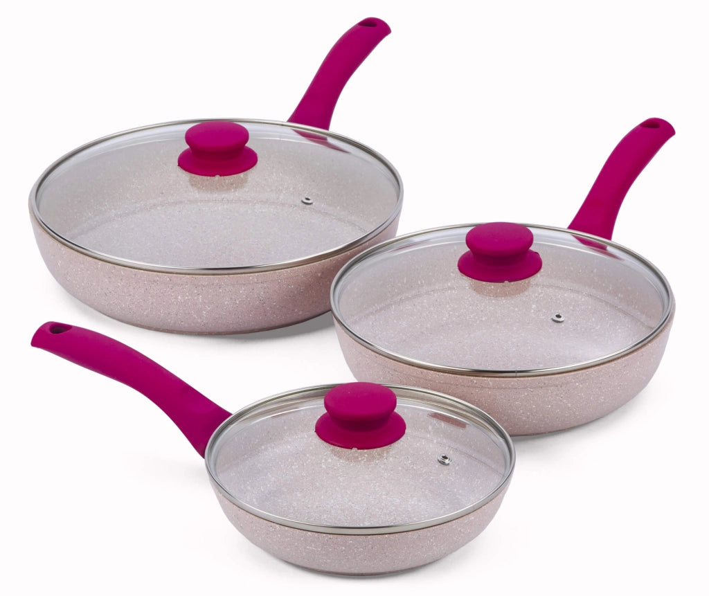 Set 3 Padelle in Alluminio Ø 20-24-28 cm Antiaderente Induzione con Coperchi Bisetti Stonerose