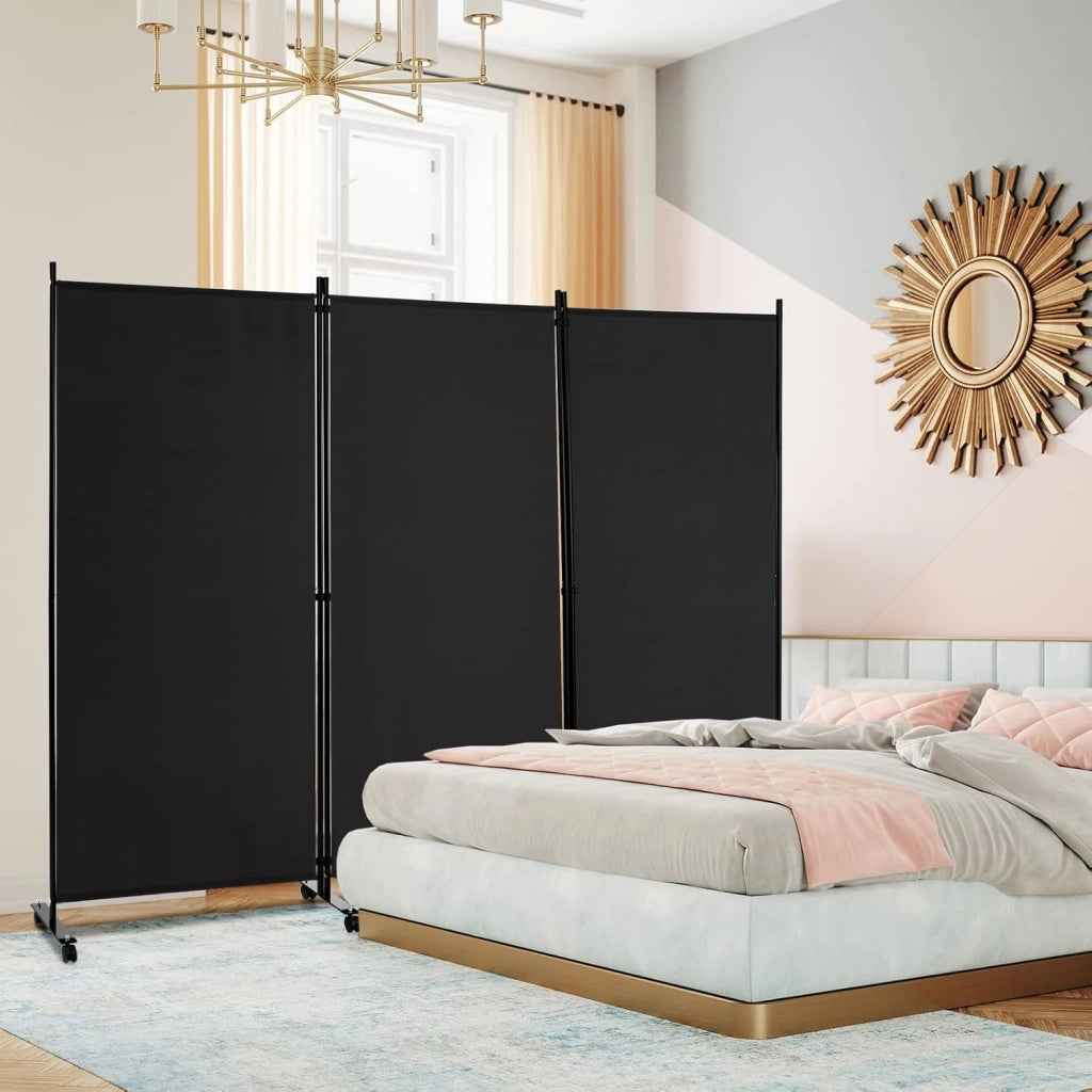 Paravento da Interno in Metallo, Separé Divisorio Interno Pieghevole con Piedini Stabili, Pannelli Divisori per Interni per Casa e Ufficio (Nero, 262 x 180 cm (3 Pannelli con ruote))