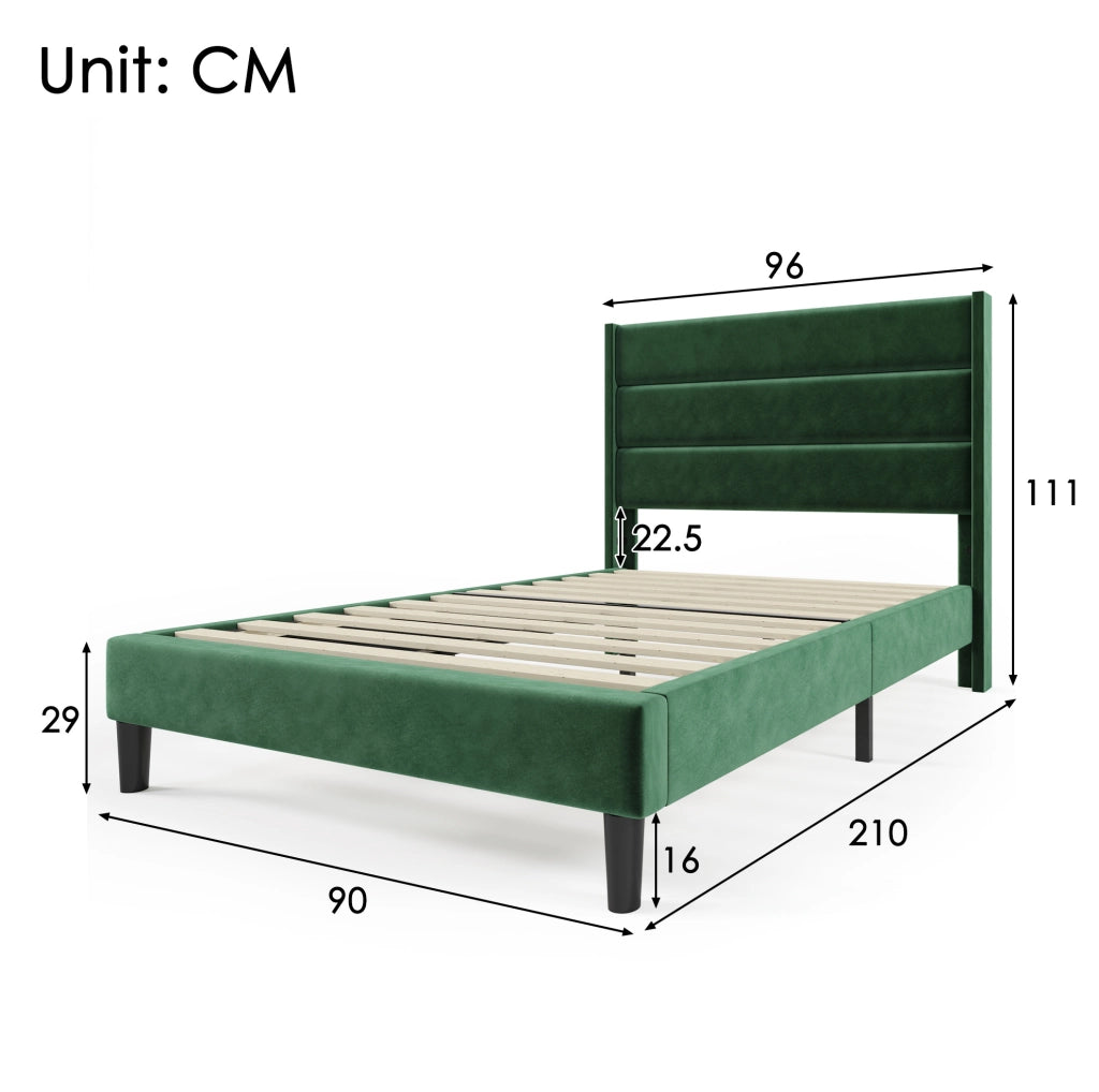 Letto imbottito 90x200 cm con rete a doghe e materasso H3; velluto verde scuro