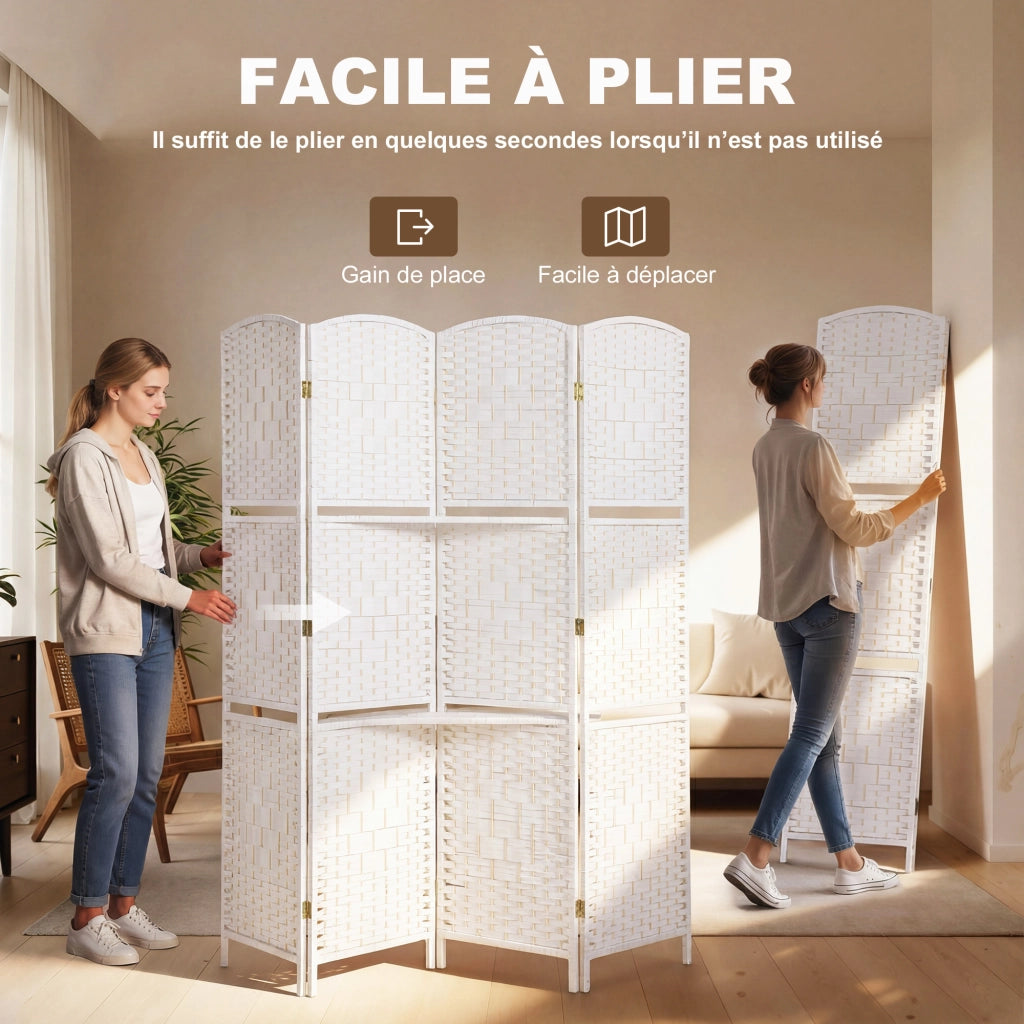 Paravento 4 Pannelli con 2 Ripiani ¨C zephmum ¨C Legno Bianco 160x170 cm