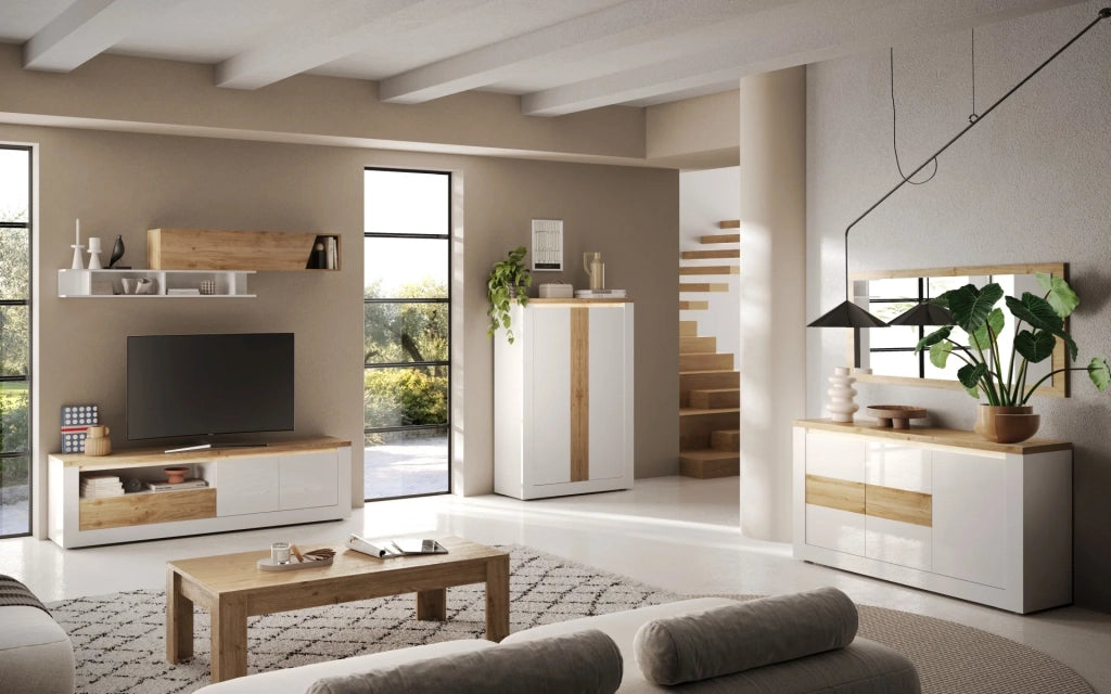 Madia 3 ante Bianco/Cadiz Linea ISCHIA L 156 x H 84 x P 43, realizzato in legno 100% MADE IN ITALY, design moderno per cucina, sala da pranzo, soggiorno