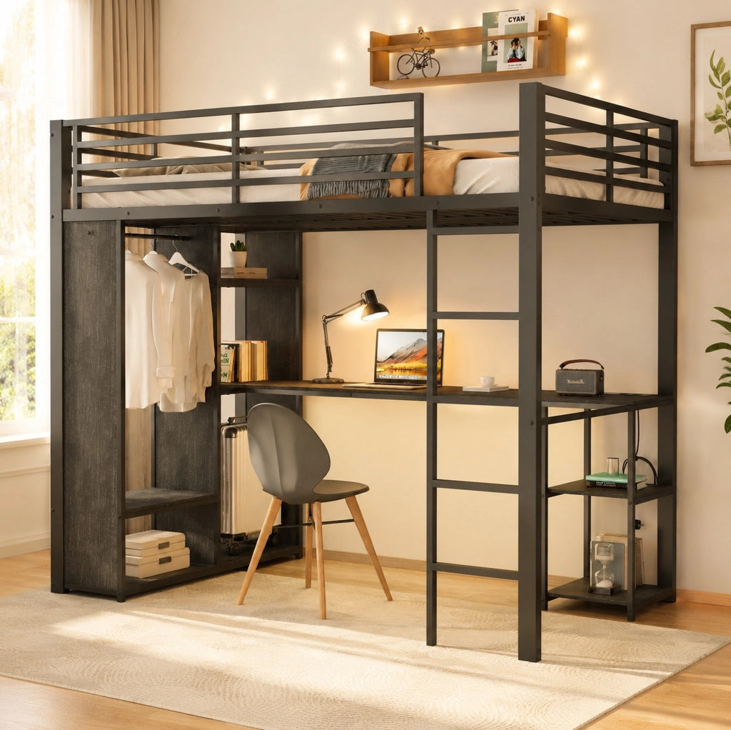 Letto a soppalco 90x200 cm con scrivania e LED nero