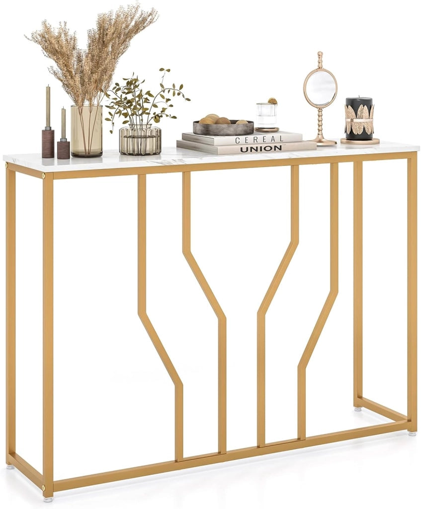 Tavolo Consolle Effetto Marmo, Tavolo d'ingresso con Struttura Geometrica in Metallo, Tavolino da Divano Bianco Oro, 110x30x80 cm