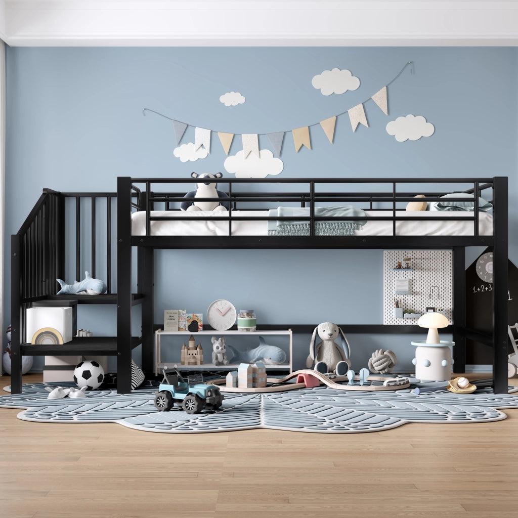 Letto alto semialto nero con scala contenitore in MDF e metallo 90x200 cm
