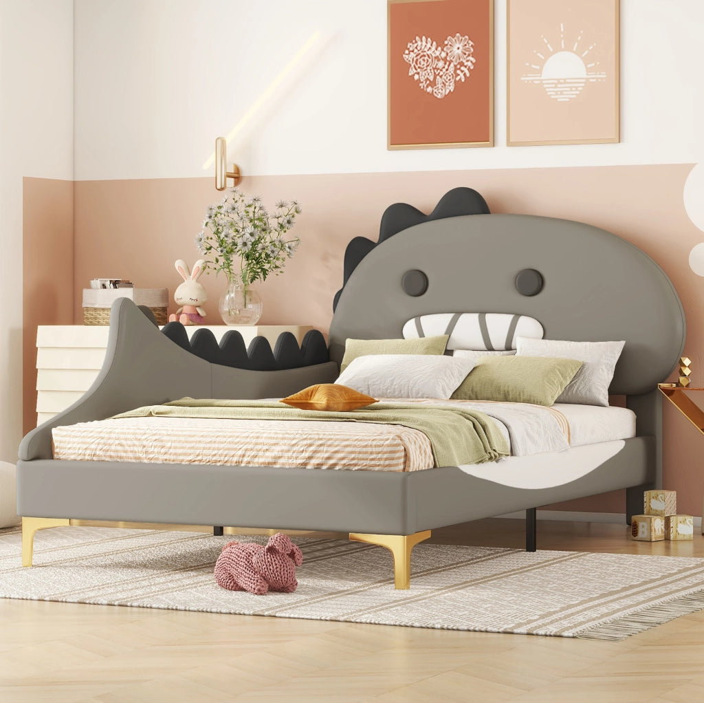Letto per bambini 90x200 cm; forma dinosauro; PU e MDF; grigio