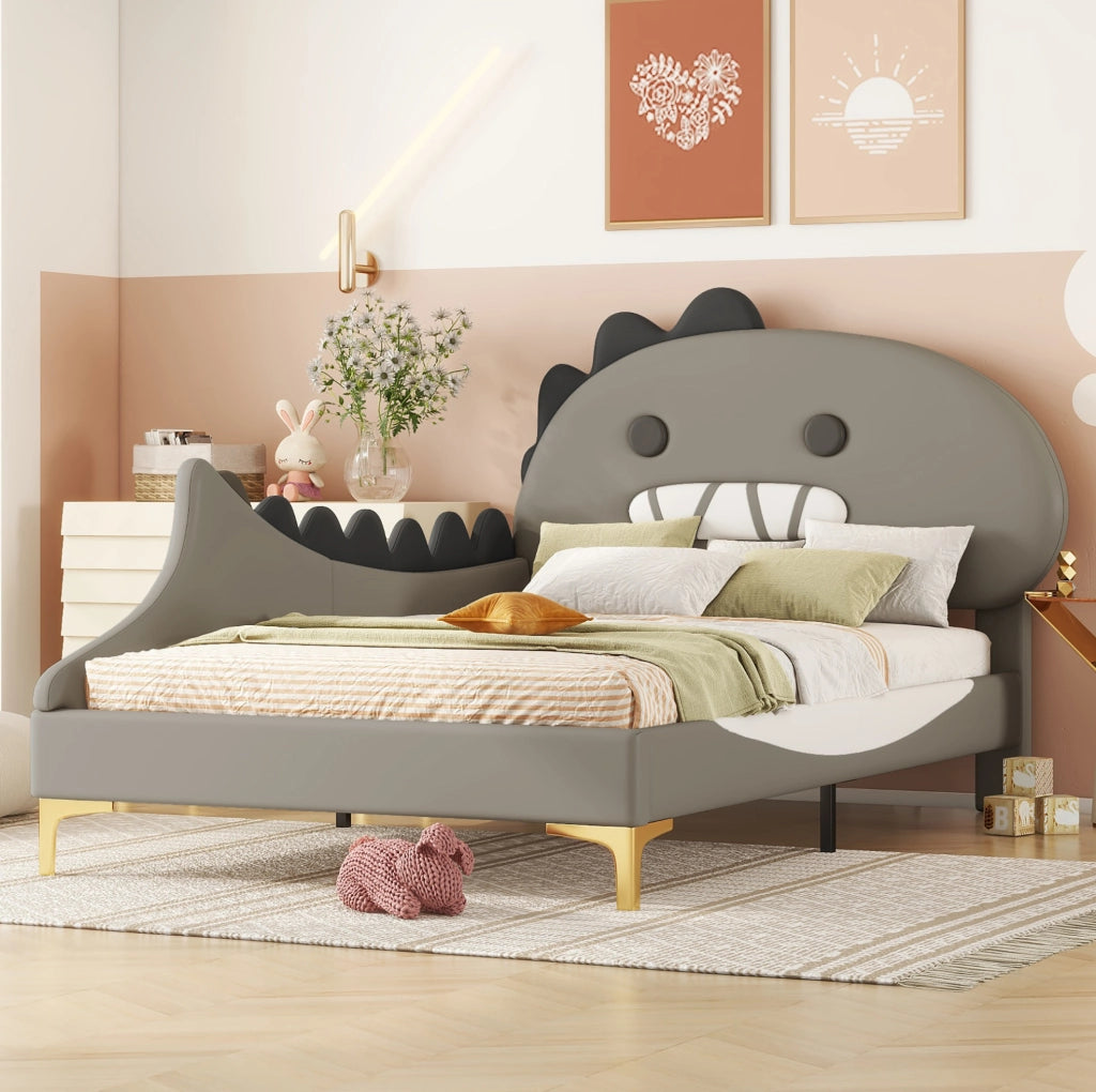 Letto per bambini 90x200 cm; forma dinosauro; PU e MDF; grigio