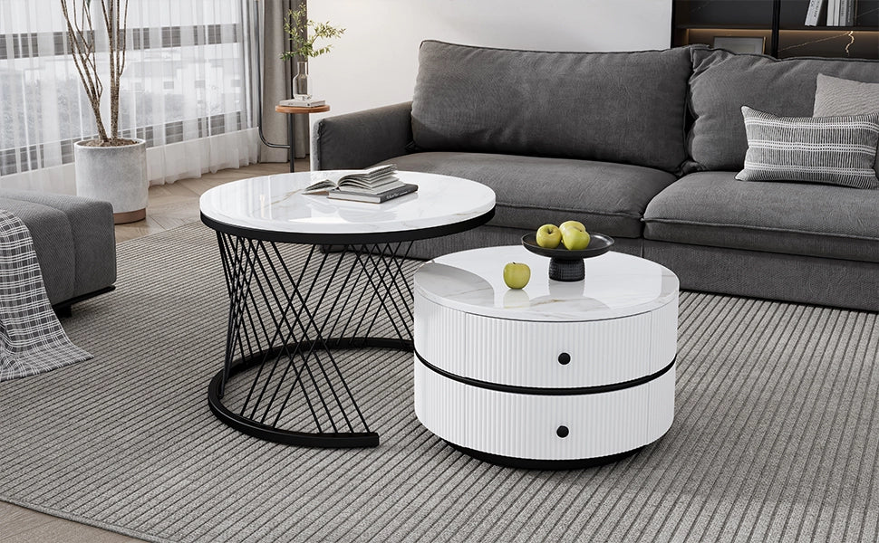 TAVOLINO da caffè set da 2 rotondi effetto marmo bianco MDF con 2 cassetti