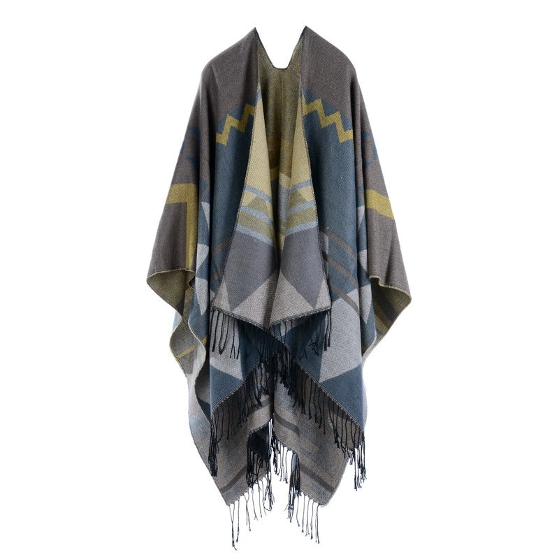 Sciarpa/mantella da viaggio in cashmere extra lungo e spesso, stile boh¨¦mien, europeo e americano, con nappe, autunno e inverno, stile etnico, con spacco, stile europeo e americano.