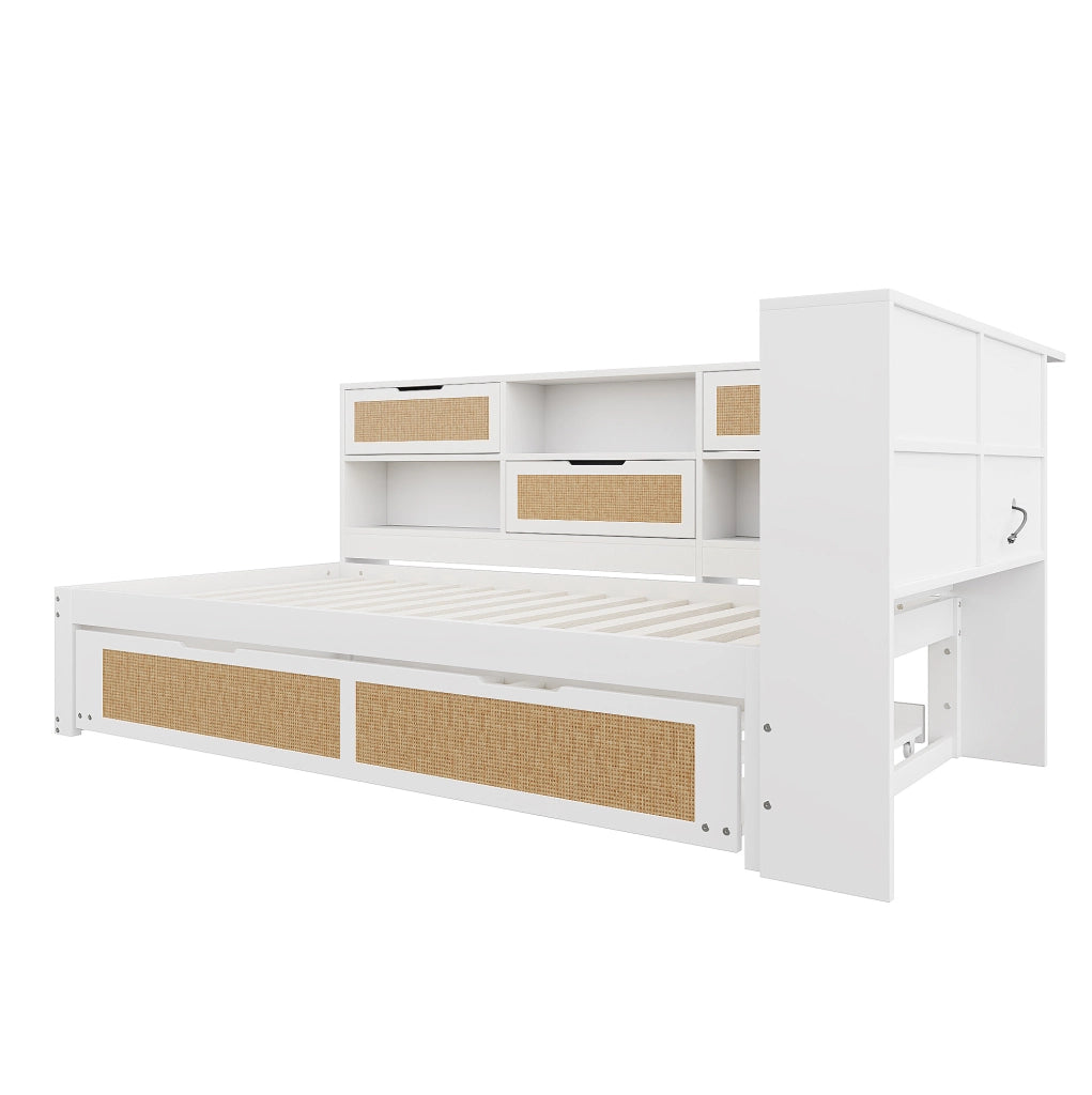 Divano letto singolo con letto estraibile 90x200 cm in legno bianco; prese USB e vani contenitore
