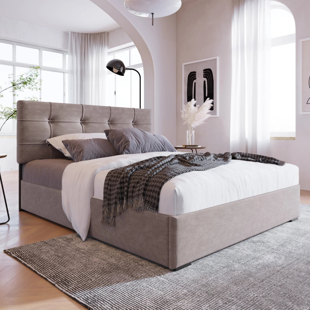 Letti contenitori 90x200 cm; testiera regolabile e contenitore; velluto; grigio chiaro (Senza materasso)