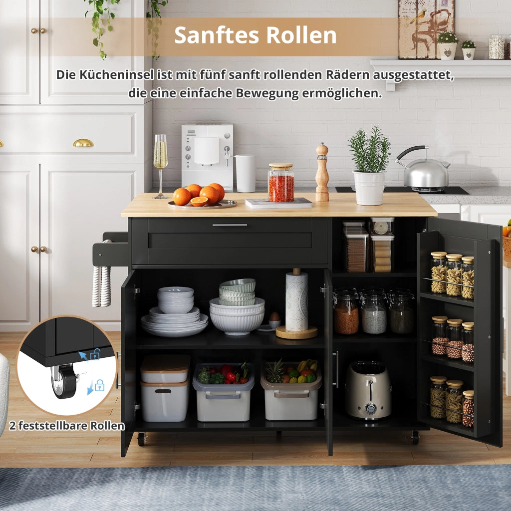 Carrello da Cucina con 2 Ante; 1 Cassetto; Ripiani Regolabili e Portasciugamani; in MDF; Nero e Naturale; 132;5 x 44 x 90 cm