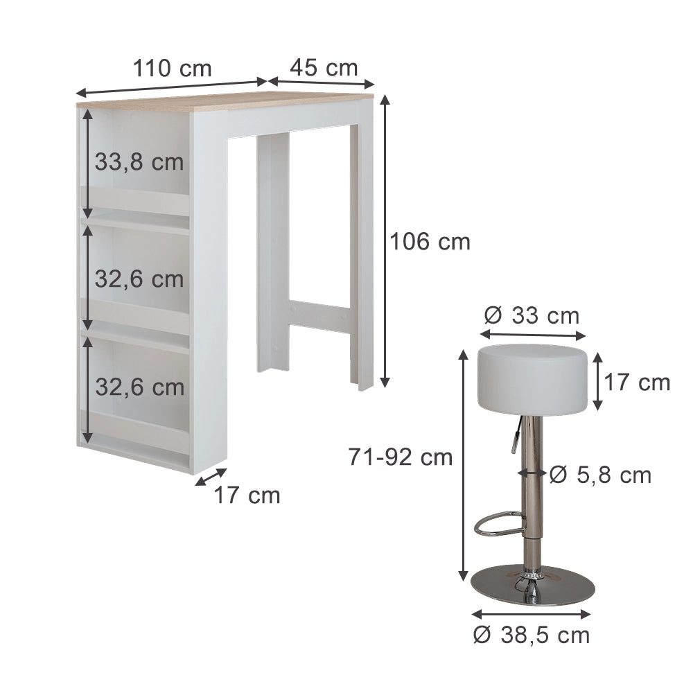 Vicco tavolo bar con sgabelli Bianco/Sonoma 45 x 110 cm con 2 sgabelli da bar