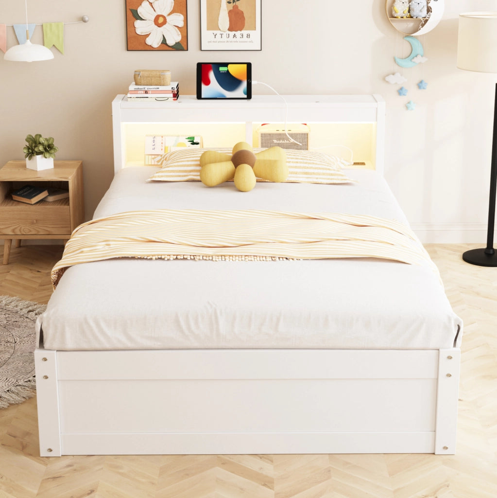 Letto multifunzione 90x200 cm con presa; contenitore idraulico e LED in MDF bianco