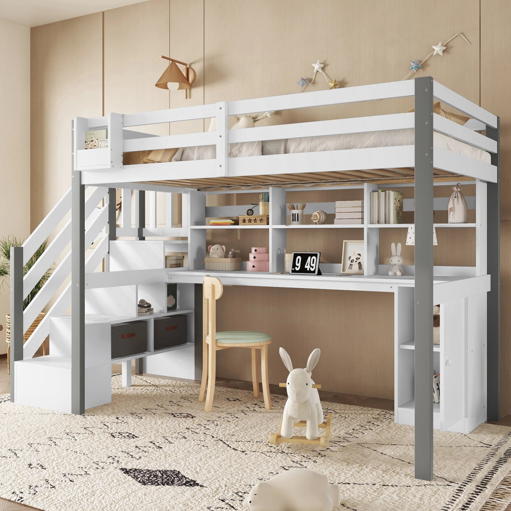 Letto a castello bianco grigio con funzione contenitore in legno e MDF 90x200 cm