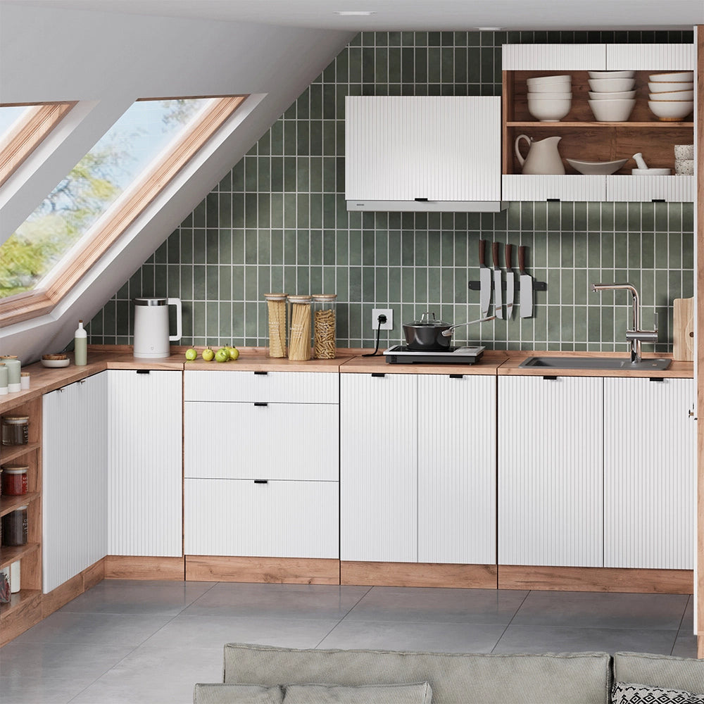 Mobile cucina sottotetto R-Line Ondulazione bianca/Rovere dorato 60 cm senza inclinazione con 2 ante Vicco