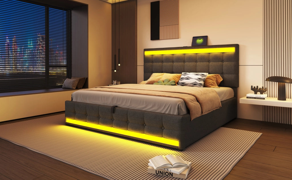 DESMIU Letto Adulto 180 × 200 cm 2 Posti con LED Regolabile, USB e Testiera Regolabile, Senza Materasso, Grigio