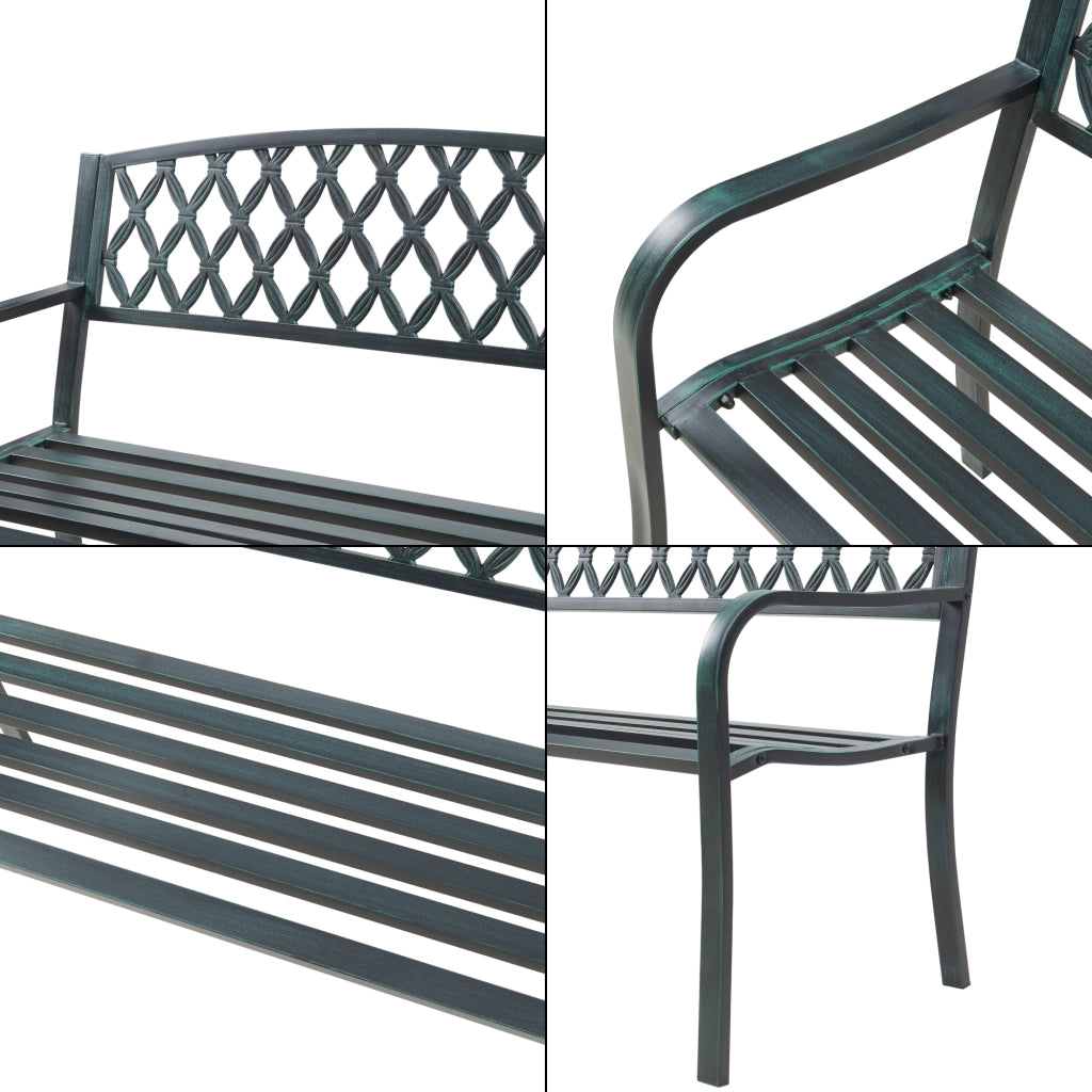 Panca da Giardino Opsasar in Acciaio con Schienale a Motivo Intrecciato 127x54x88 cm - Grigio Scuro con Patina Verde casa.pro