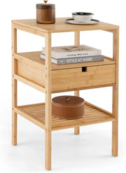 Comodino Tavolino con Cassetto e 3 Ripiani, Comodino Camera da Letto in Bambù, Comodino Salvaspazio Classico, per Soggiorno, Ufficio e Bagno, 40 x 40 x 68 cm (1)